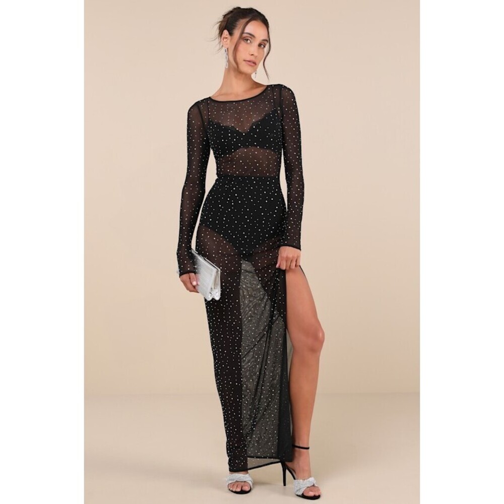 Daring Sparkle Black Sheer Mesh Rhinestone Maxi Dress